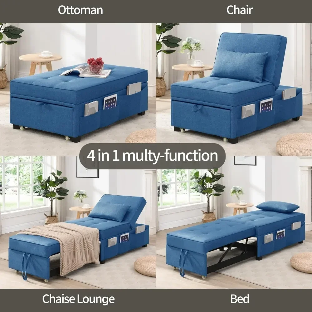 Sofa Chair, 4-in-1 Ottoman Bed Tufted Fabric Grey, with Lumbar Pillow and 3 Side Pockets, Convertible Chair Bed, Sofa Chair