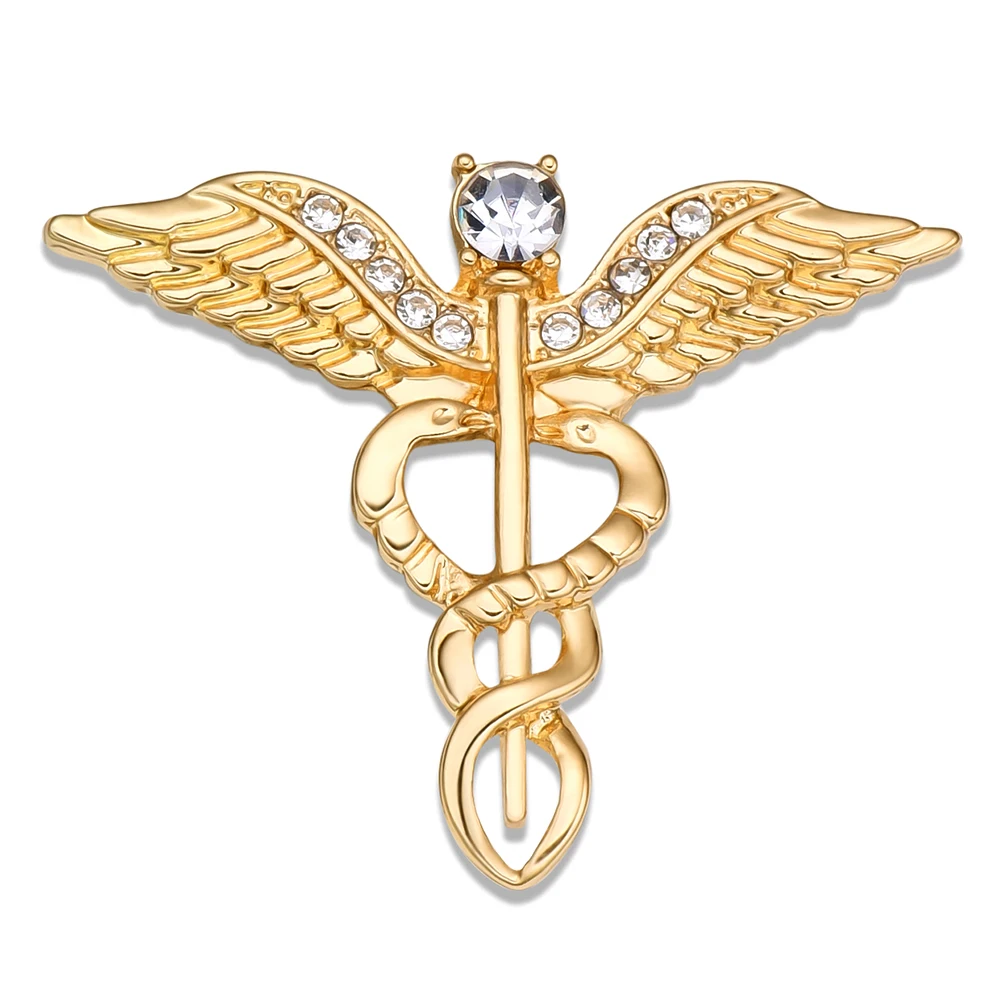 Wings Scepter Inlaid Zircon Medical Brooche Surgery Snake Crystal Jewelry Accessories Lapel Badge Rehabilitation Gift for Doctor