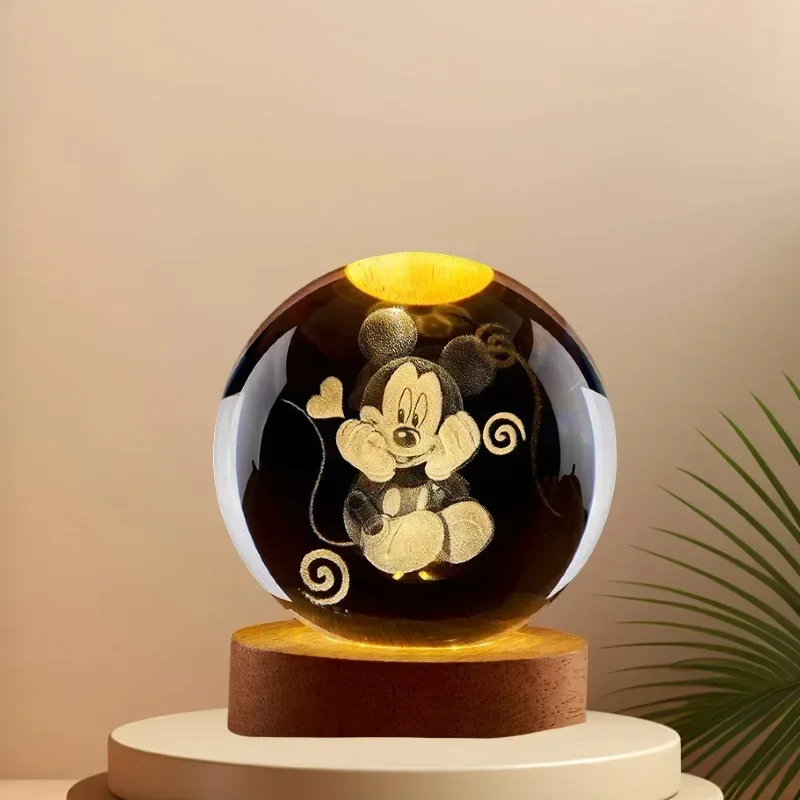 6cm Disney Mickey Mouse Crystal Ball 3D Anime Minnie Lamp Base Kawaii Crystal Glass Ball Figure Night Light Kids Birthday Gift