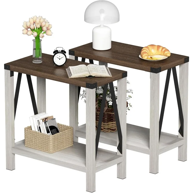 Farmhouse End Table Set Of 2, Narrow Side End Table With Storage Shelf, Rustic A-Design Nightstand Sofa Table For Livin