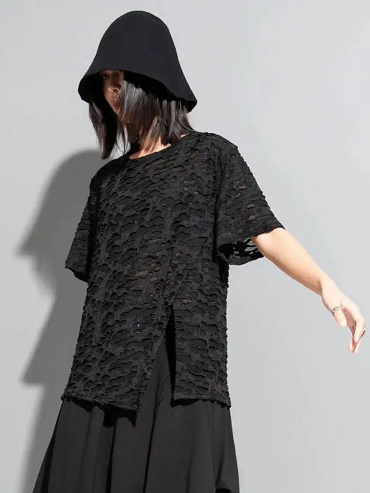 

Женская черная кружевная футболка с вырезами и асимметричным подолом, новая модель с круглым вырезом и коротким рукавом, модная, весна-лето