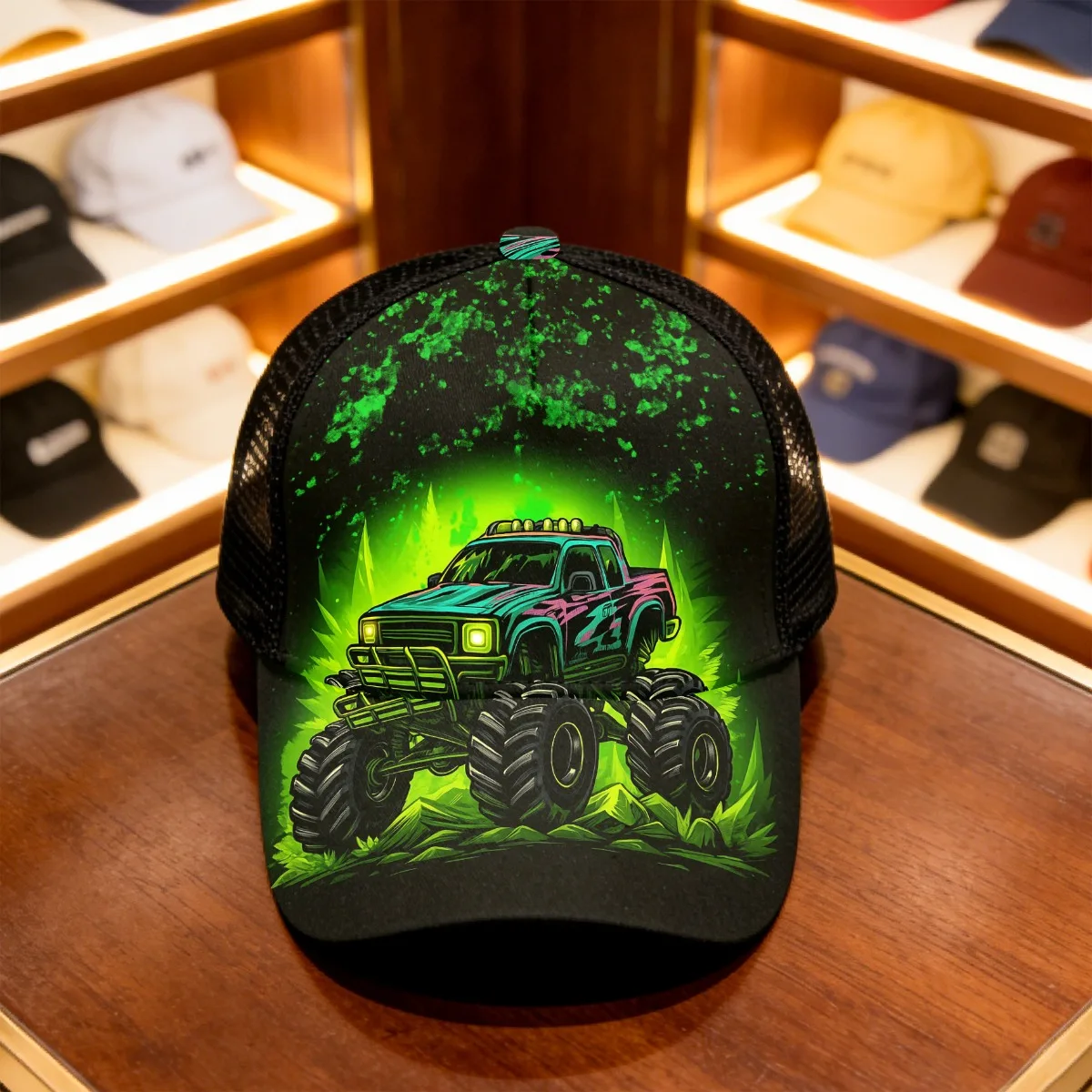 1pc Monster Truck Neon Vibe Adjustable Snapback Cap - Lightweight Breathable Polyester Duckbill Hat with Neon Monster Truck