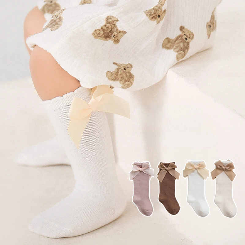 Baby High Socks Autumn and Winter Baby Solid Cotton Socks Korean Version Bow Princess Socks Loose Mouth Windproof Long Socks