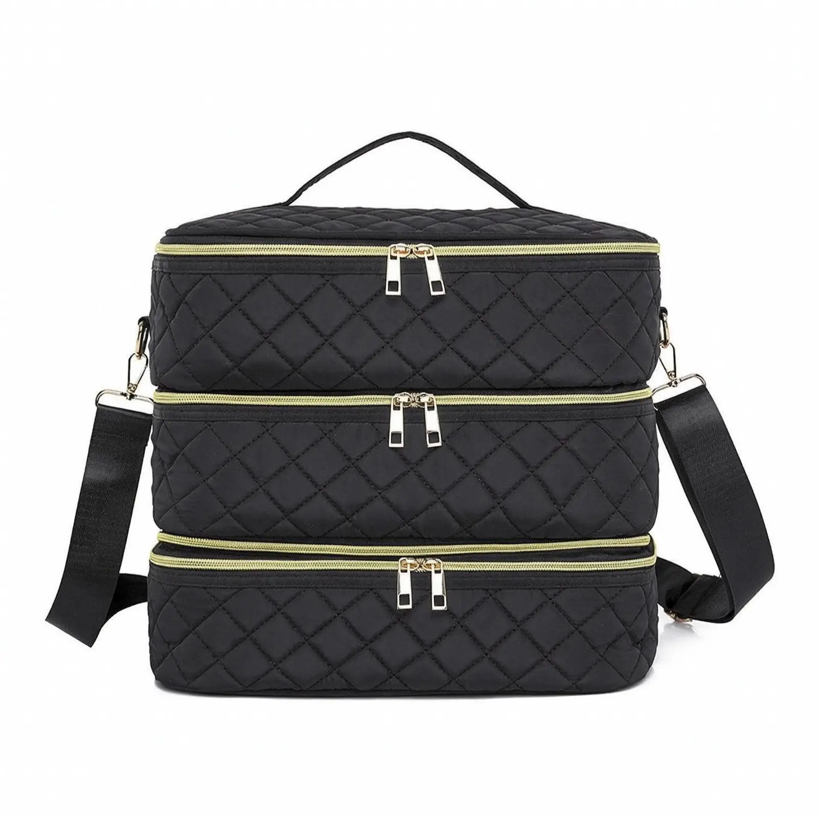 Multi-Compartment Cosmetic Bag Soft-Sided Quilted Storage Bag with Shoulder Strap Portable Makeup Organizer Multifunctional