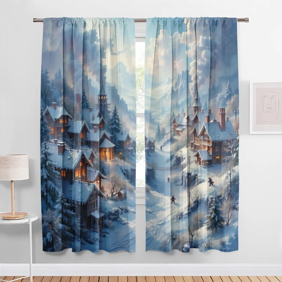 2PCS Digital Print Curtains, Oil Painting Snow Mountain Village Wooden Houses Skiers Smoke Blue Gold Sky, Scenic Alpine Style