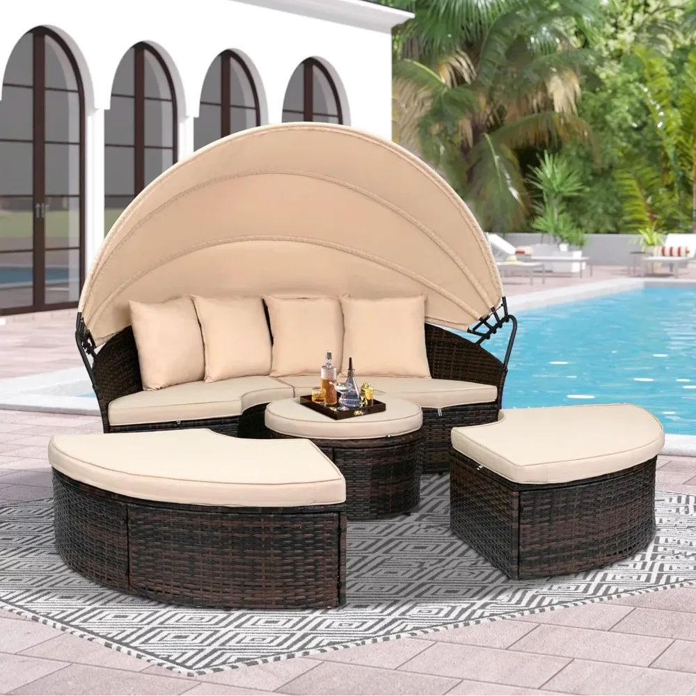 

Canopy Bed Round Daybed with Washable Cushions, Clamshell Sectional Seating Wicker Furniture with Retractable Canopy (Brown）