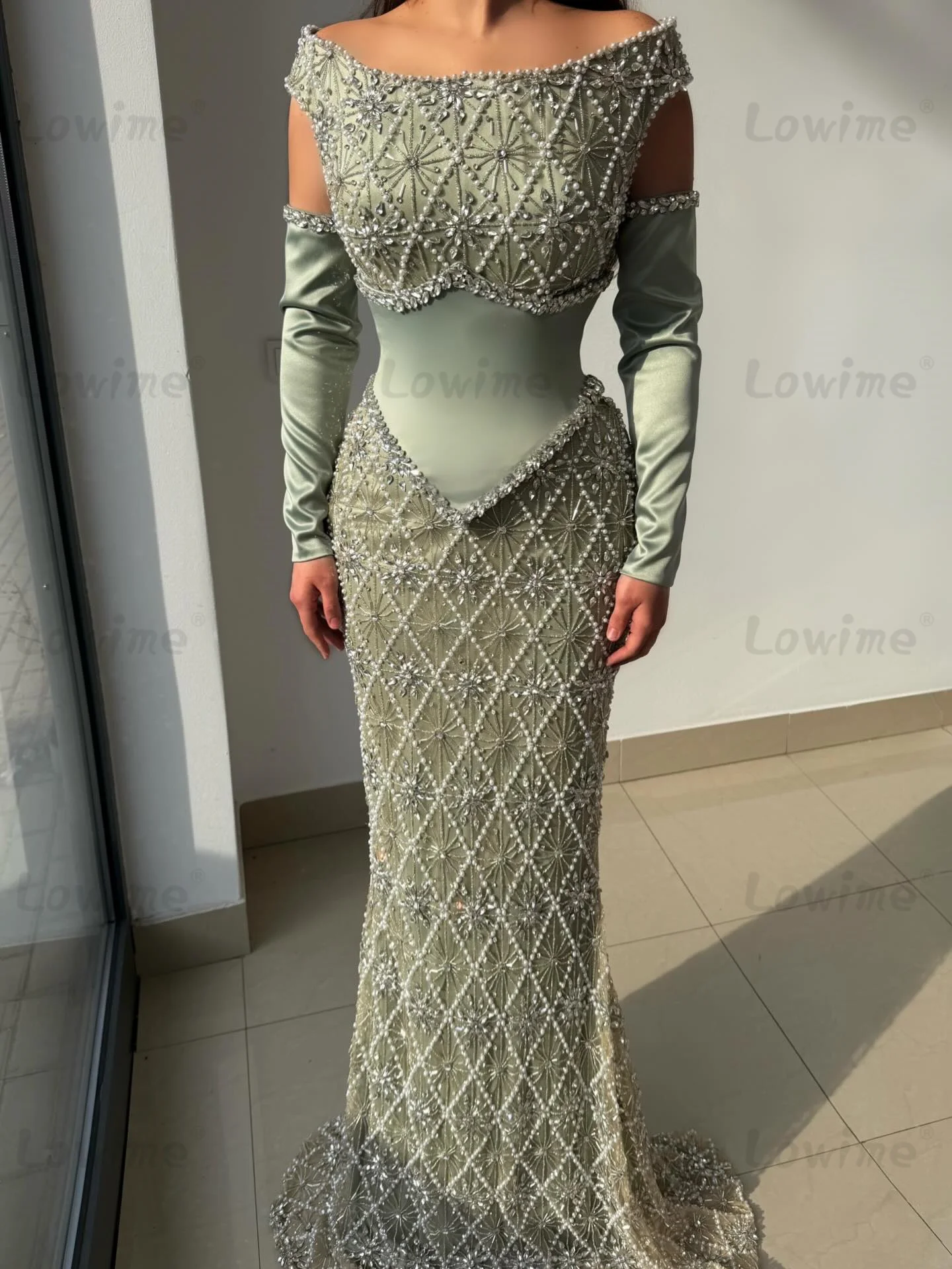 

2026 Элегантное шалфейно-зеленое вечернее платье по индивидуальному заказу, платье русалки с тяжелым бисером, свадебное платье, арабские платья для выпускного вечера с длинными перчатками