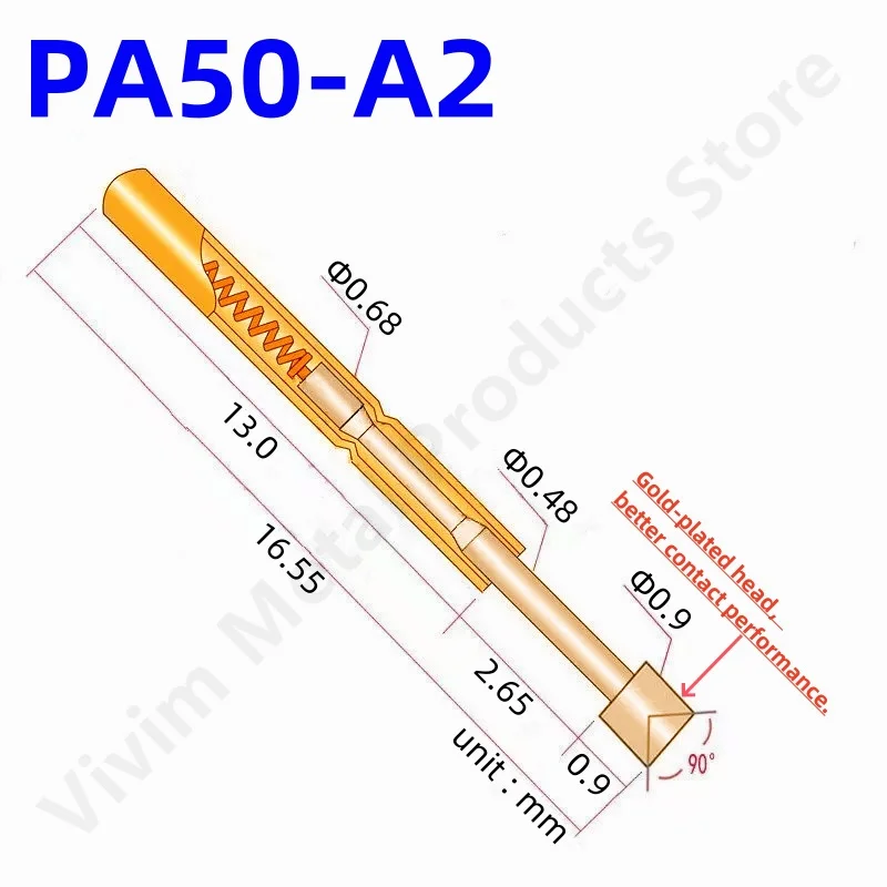 100PCS PA50-A2 Spring Test Probe PA50-A Test Pin Test Tool 16.55mm Dia0.68mm Gold Needle Tip Dia 0.9mm Pogo Pin P50-A P50-A2