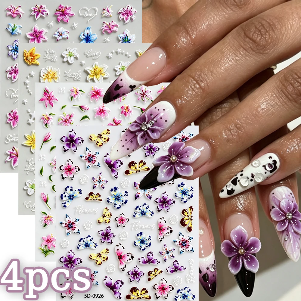 1/4Pcs 5D Mixed Tropical Flowers Nail Stickers Plumeria/Lily/Hibiscus/Sakura/Butterfly flower Adhesive Nail Decal Floral Nail De