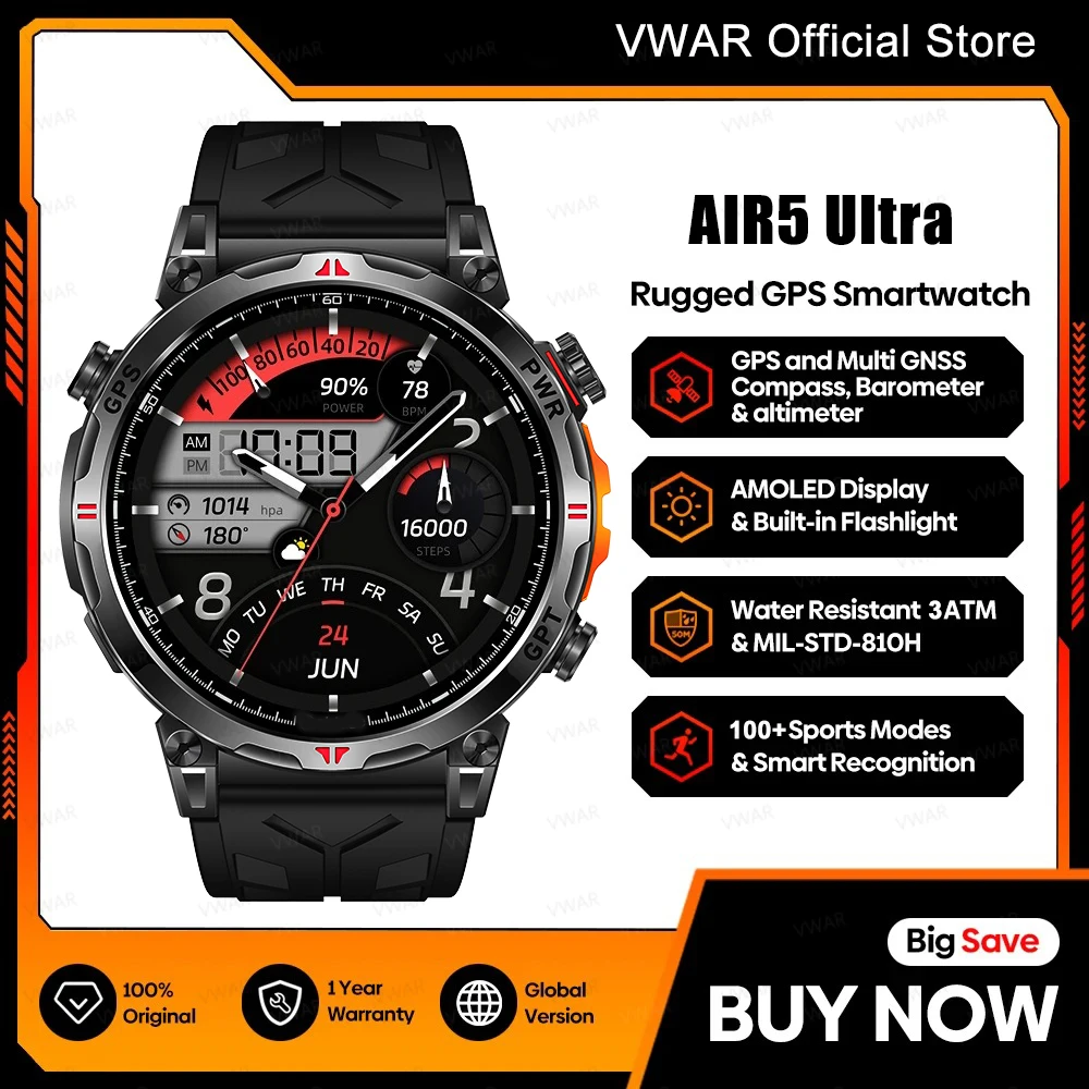 

Смарт-часы VWAR Air5 Ultra GPS, AMOLED-экран 1,56 дюйма, компас, барометрический альтиметр, умные часы для голосовых звонков для мужчин Stratos 4 Pro