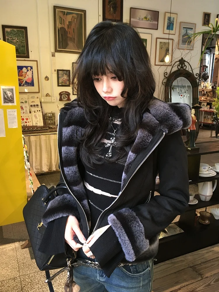 

Forlions Hooded Quilted Fur Jaet ort Suede Outerwear Color Blo Collar ort Coat Women's Casual Sle Waist-Cinching