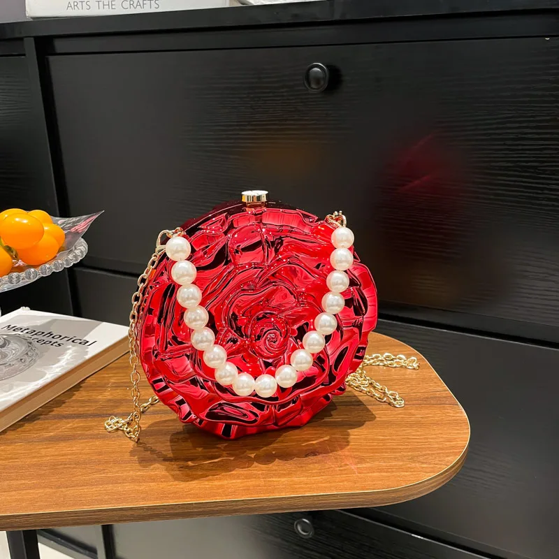 

Flower Round Bags for Women 2025 New Acrylic Luxury Crossbody Bag Fashion Pearl Chain Purse Evening Party Shoulder Bag Woman