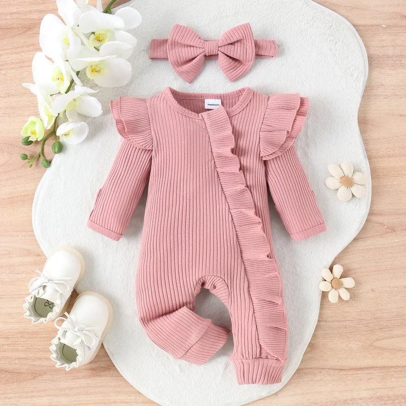 0-6M Newborn Infant Baby Girl Clothes Ruffle Long Sleeve Romper Solid Knit Ribbed Bodysuit Jumpsuit Coming Home Outfit