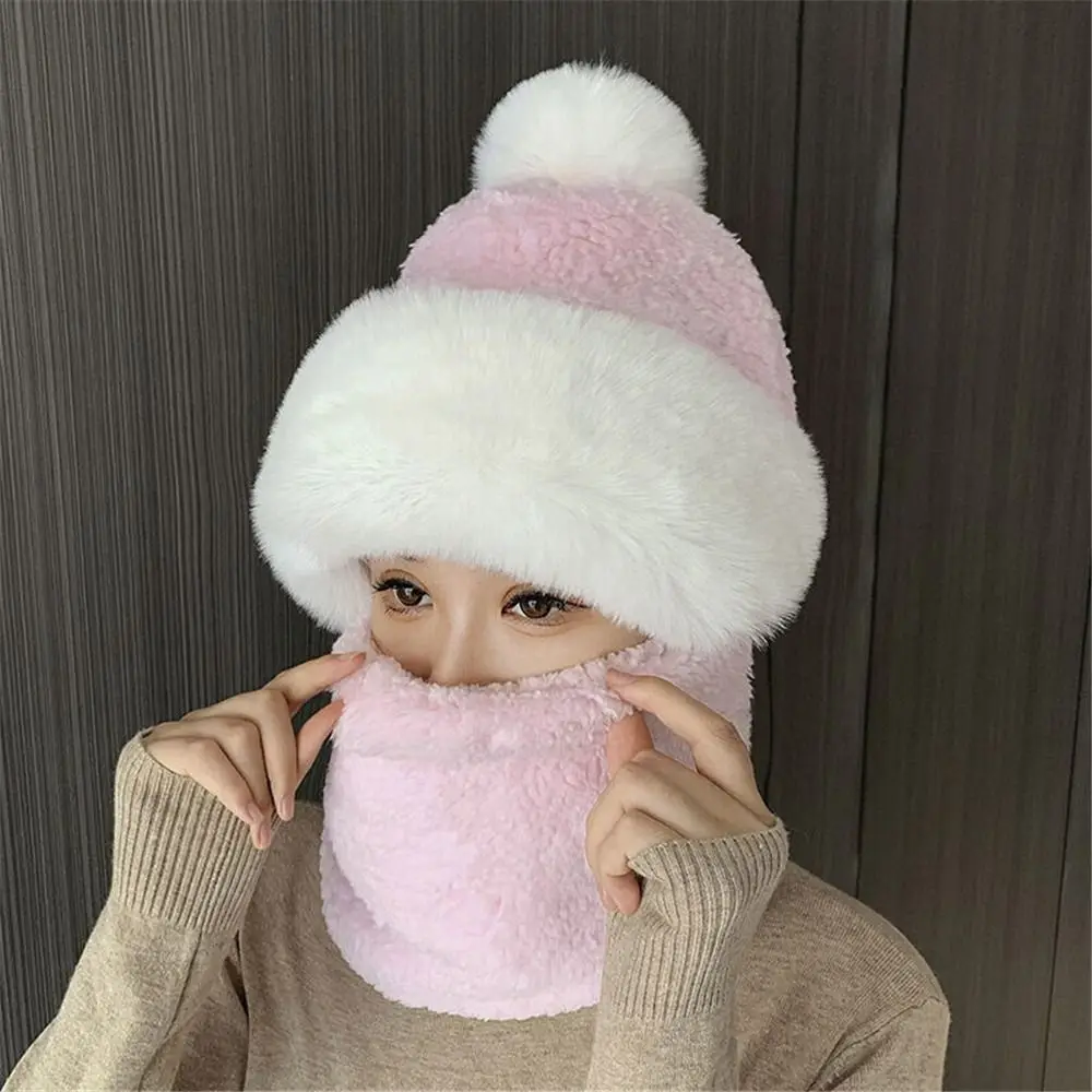 Winter Scarf Set Hooded for Women Plush Neck Warm Russia Outdoor Ski Windproof Hat Thick Plush Fluffy Beanies Cycling Cap