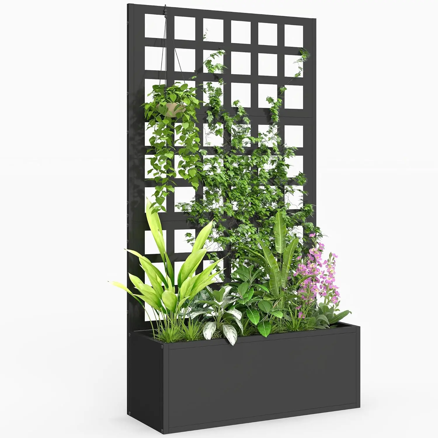 Outdoor Metal Raised Garden Bed, Black, Privacy Screen with Drainage for Vegetables Vines