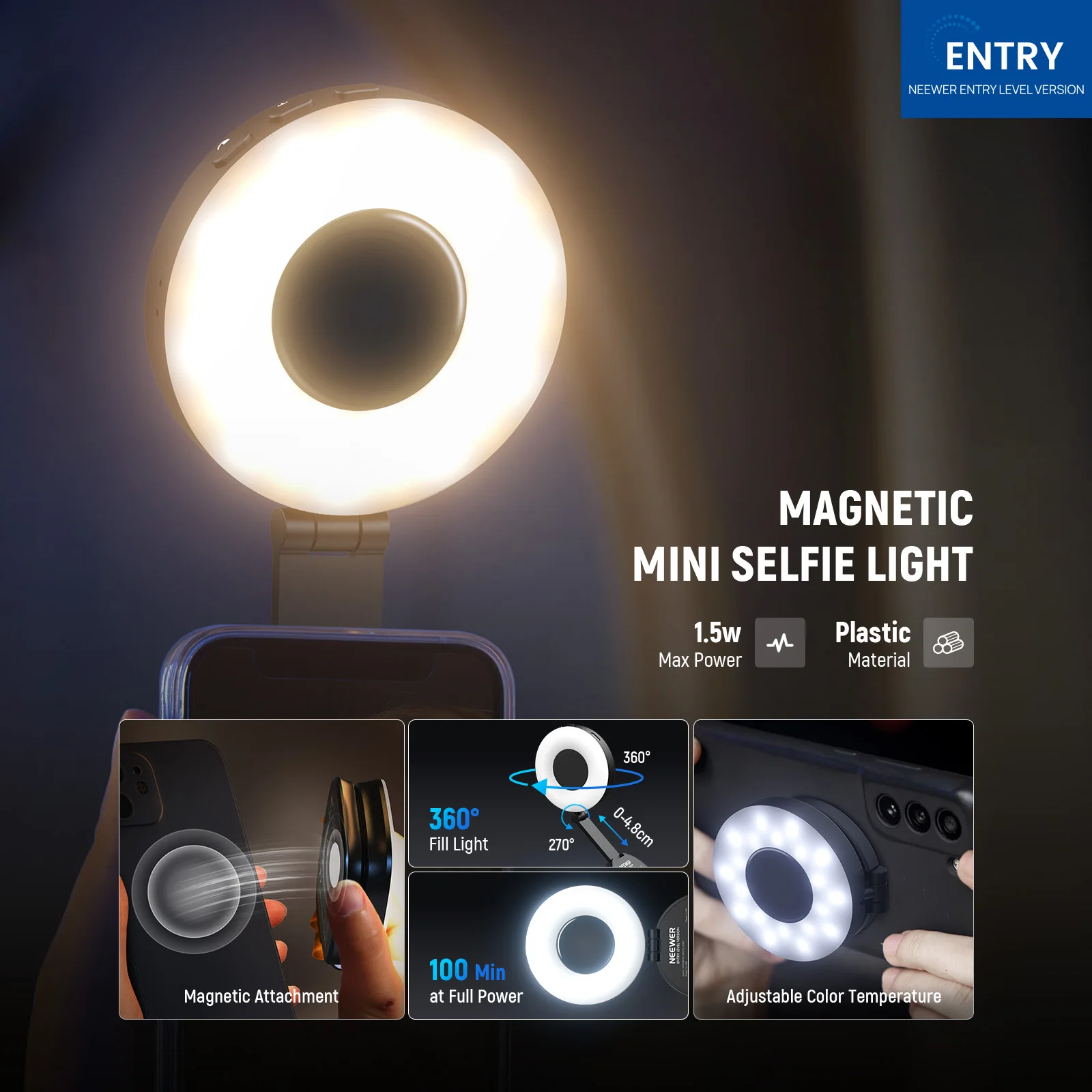 NEEWER Magnetyczna lampka selfie kompatybilna z MagSafe iPhone, 4 tryby CRI95+ 1.5W Plastikowa składana LEDowa lampka do telefonu w kształcie pierścienia — zdjęcie produktu 4