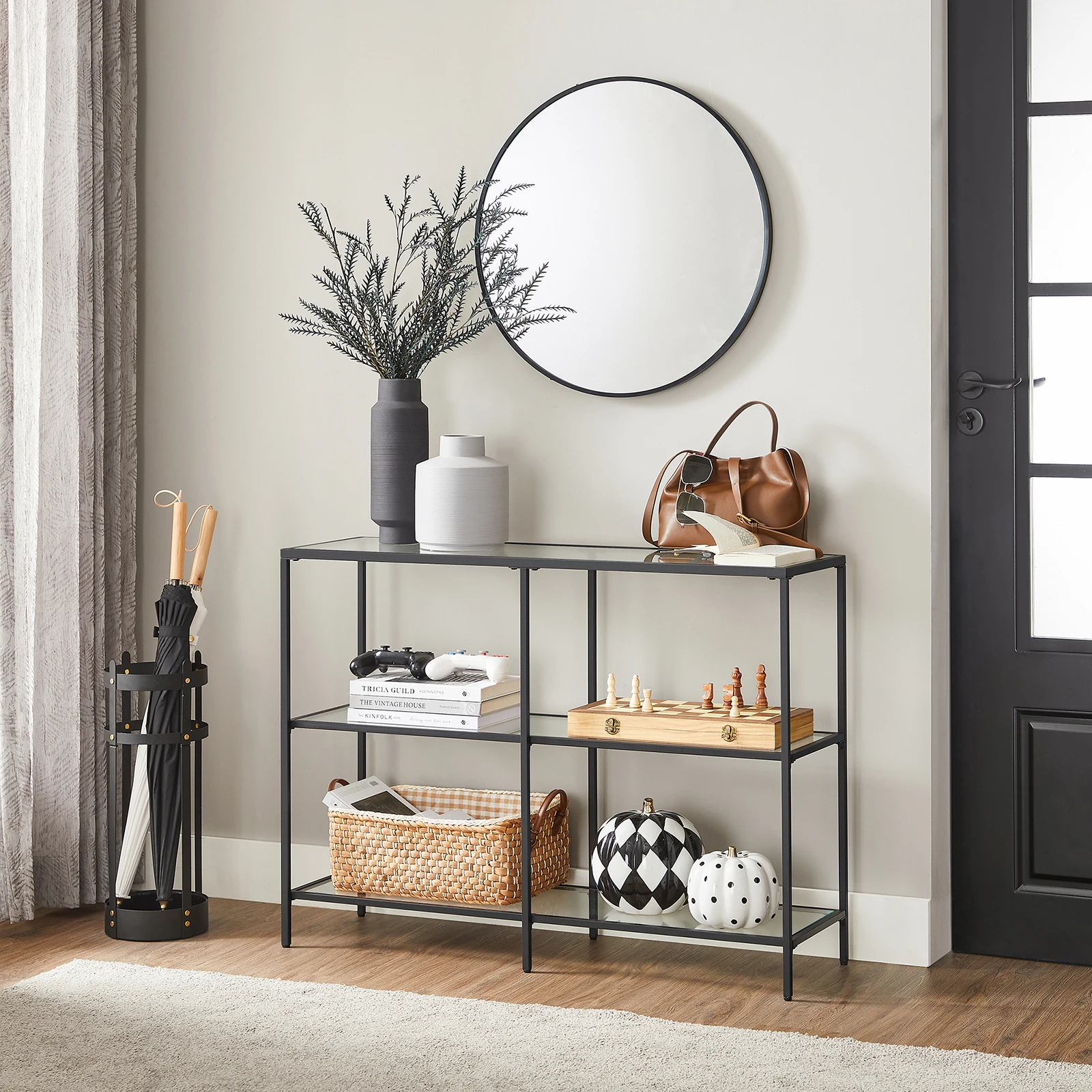 VASAGLE Console Table, Entryway Cabinet, 3 Tier Shelf, Tempered Glass, 100 x 30 x 73 cm, Metal Frame