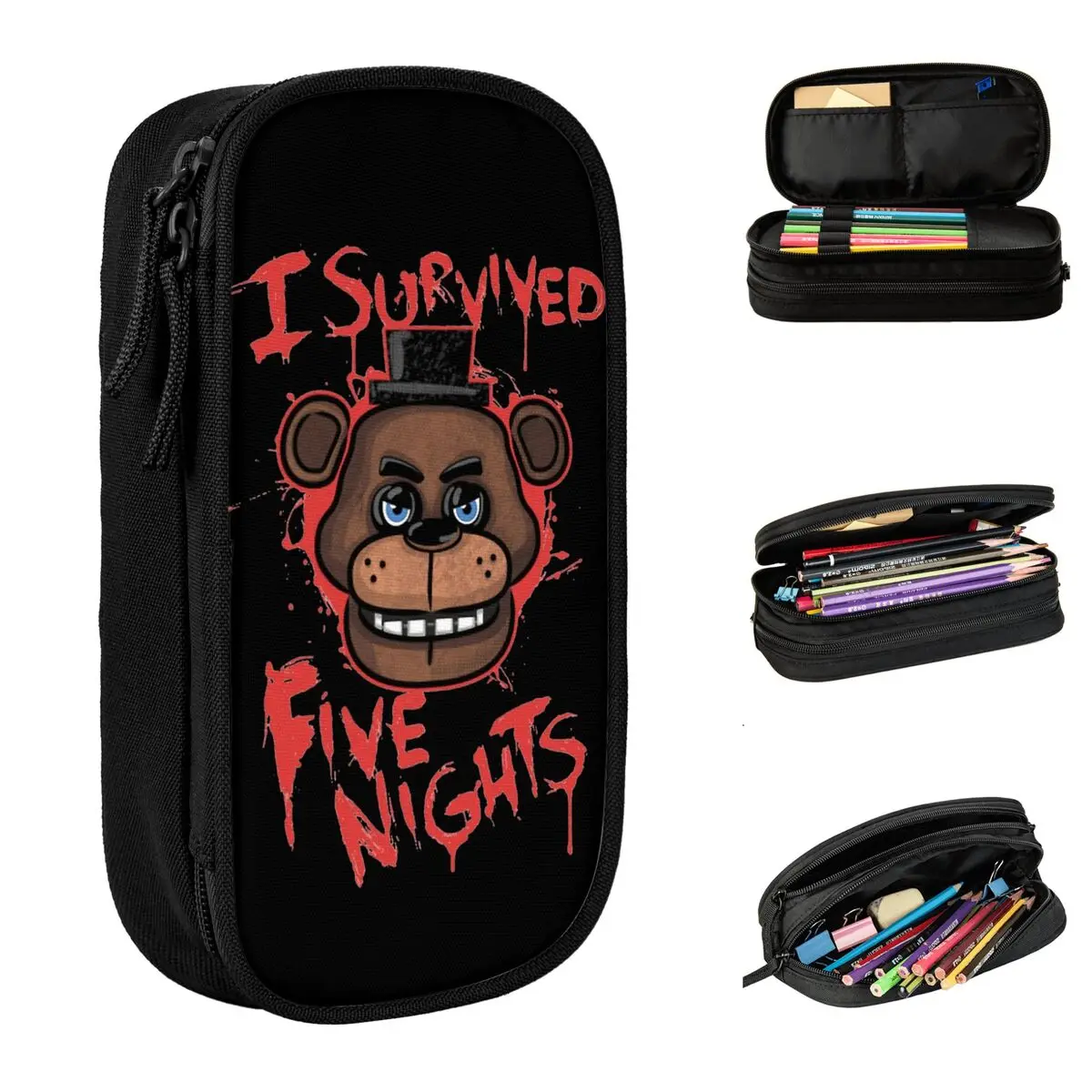 I Survived Fnaf Pencil Cases Cute Security Breach Fazbear Horror Pen Box Bag Student Large Storage Office Gifts Pencil Pouch