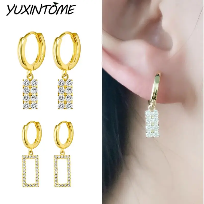 

925 Sterling Silver Needle Exquisite and Simple Fully Zircon Hollow Rectangular Drop Earrings Fashionable and Elegant Jewelry