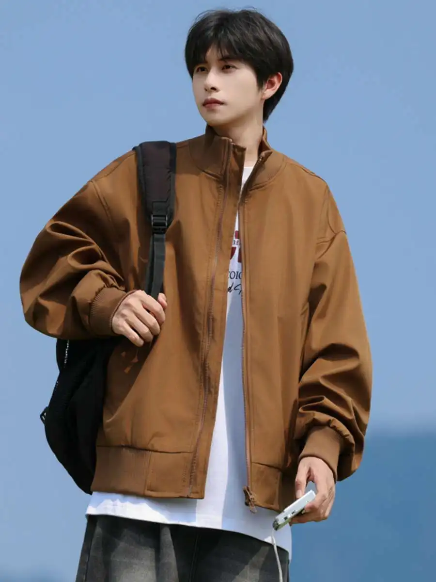 Chaqueta Corta Estilo Piloto Estudiantil, Moda Masculina, Ropa de Calle Otoñal, Chaqueta de Béisbol con Cuello Alto, Tejido d...