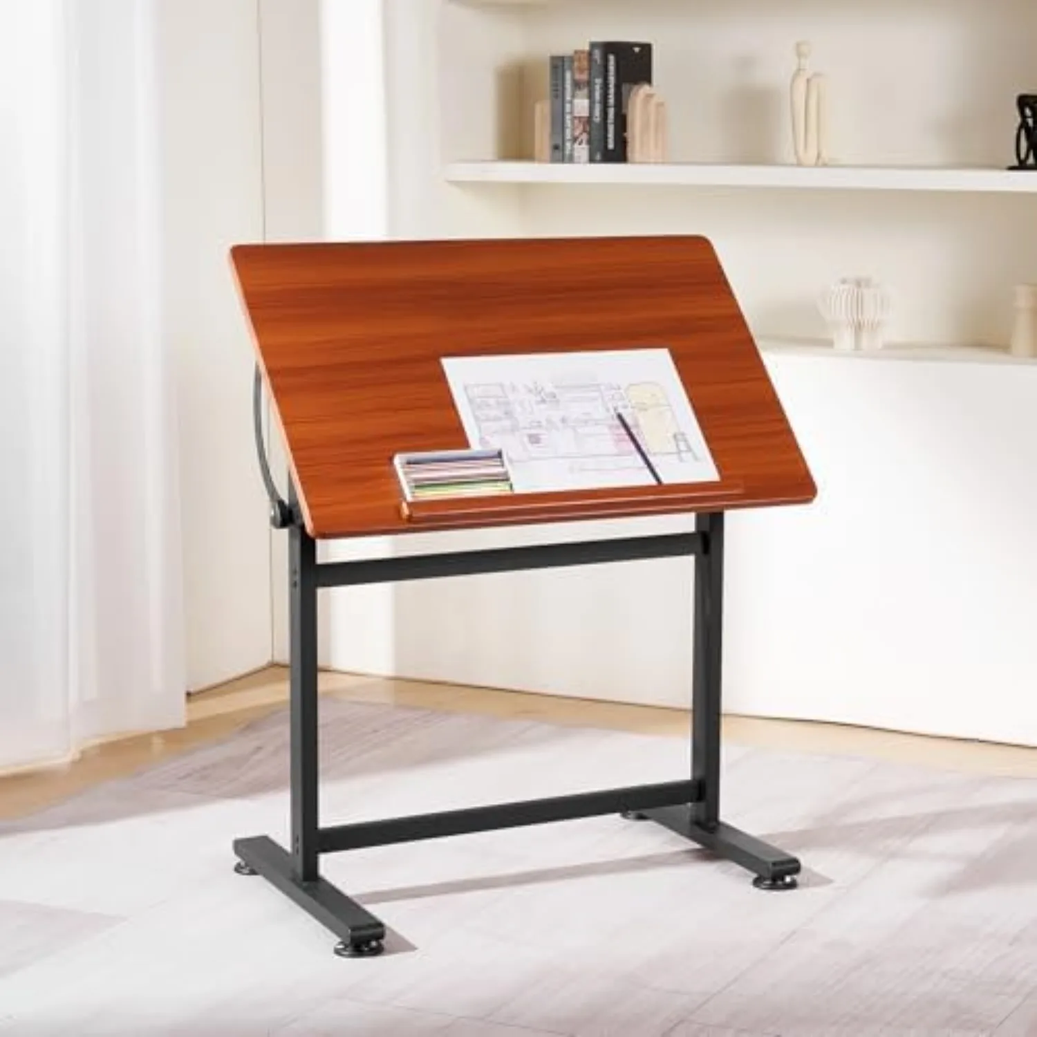 Drafting Table, Adjustable 0°–90° Tilt Drawing Desk, Portable Artist Table with Black H-Frame and Brown Desktop, Wooden