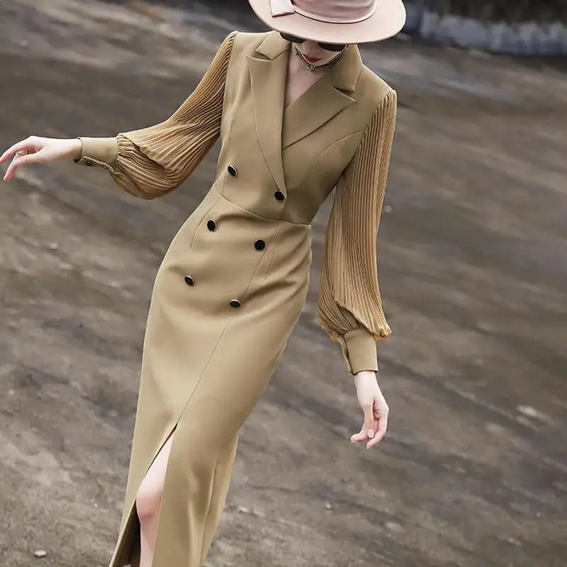 

Autumn New Dresses Women Solid Notched Double Breasted Split Temperament Fashion Office Lady Long Sleeve Slim A-line Midi Dress