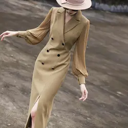 Autumn New Dresses Women Solid Notched Double Breasted Split Temperament Fashion Office Lady Long Sleeve Slim A-line Midi Dress