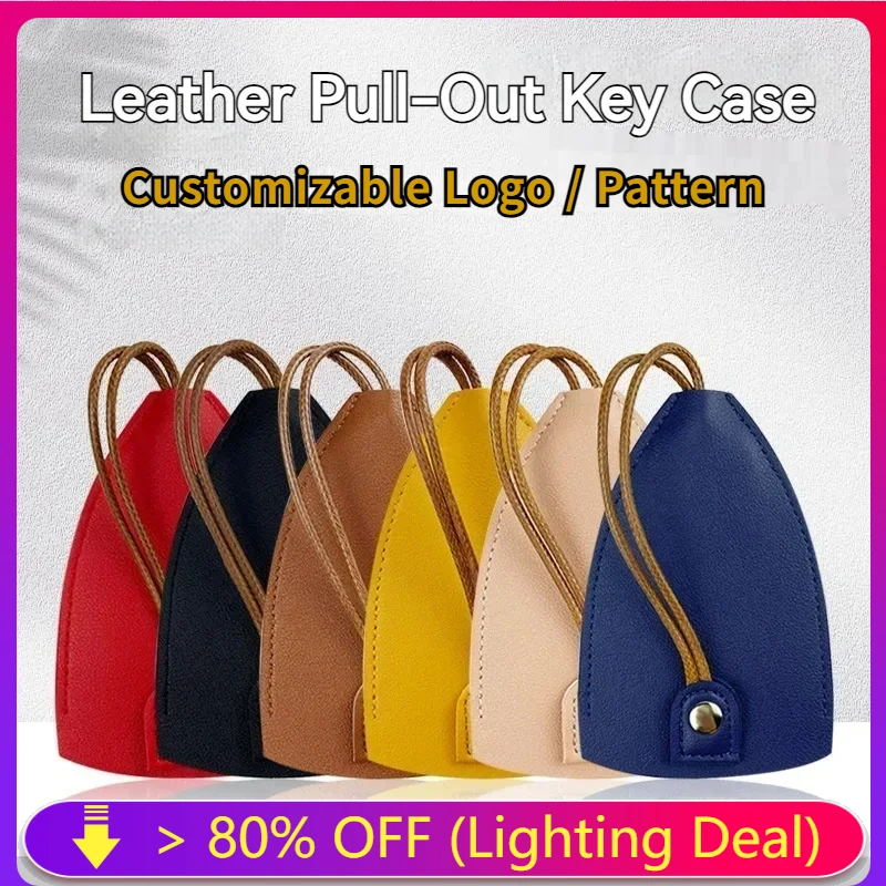 Creative Pull-Out Key Case Cover, Leather Large-Capacity Key Sleeve Keychain Bags, Cute Protector Car Key Fob with Holder Hook