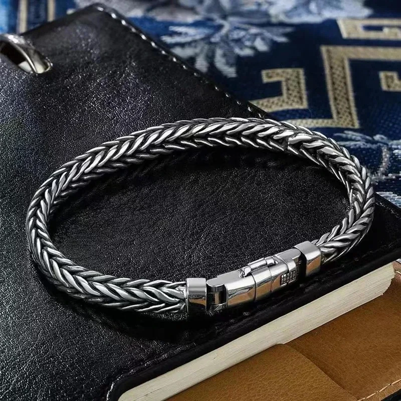 

S925 Retro New Fashion Leisure Men's Bracelet Thai Silver Hand Woven Bangle Simple Student Versatile Jewelry For Men And Women