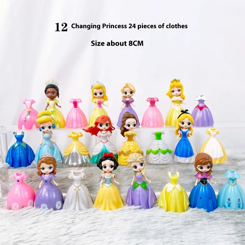 24 Piezas de Figuras de Acción de Princesas de Disney, Cenicienta, Bella, Alicia, Blancanieves, Ariel, Rapunzel, de PVC, con Ropa Intercambiable, Juguetes, Muñecas, Regalos
