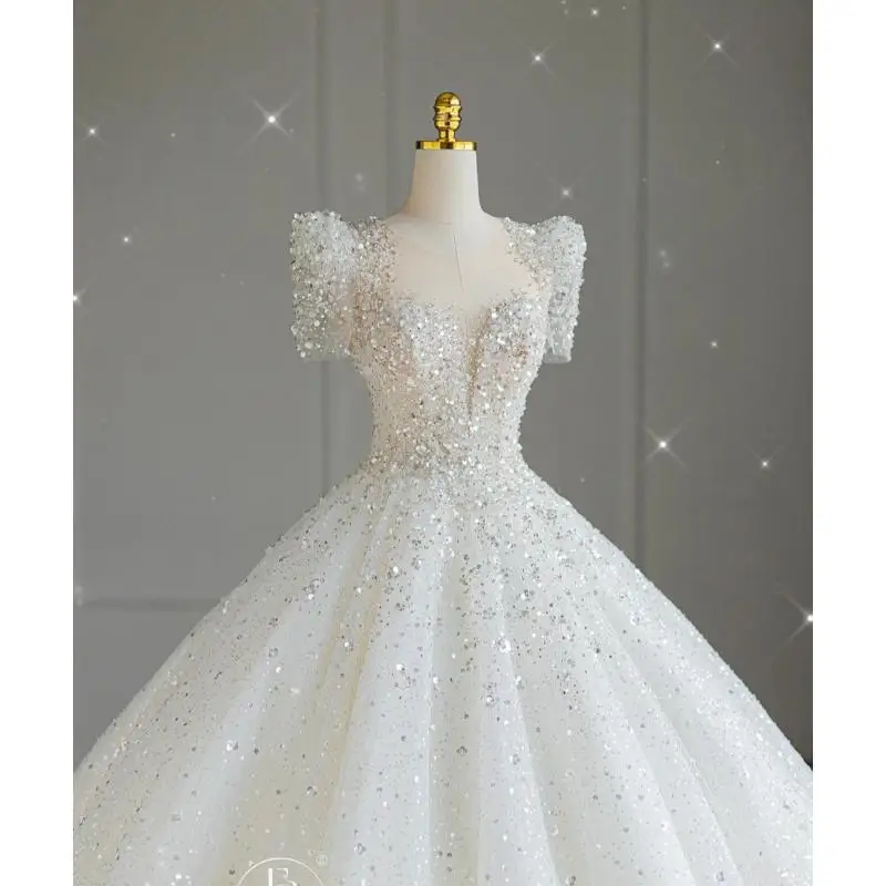 European Style Main Wedding Dress Deep V-neck Palace Style Sequin Bead Starry Sky Skirt Big Drag Retro Princess Skirt Customized