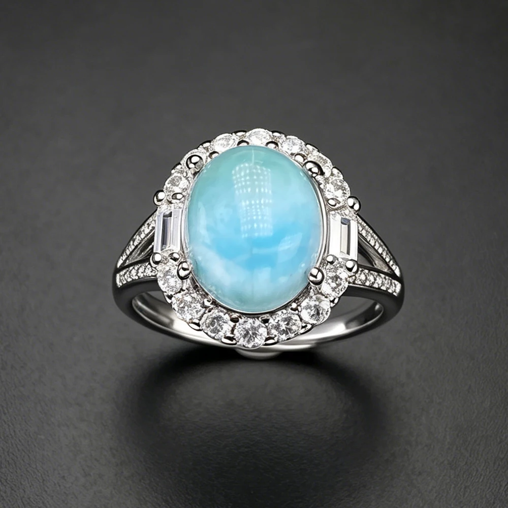 100% Natural Larimar Rings Bling Gemstones Oval 9*11mm for Women Ladies Girls Wedding Engagement Trendy Jewelry Bands Gift