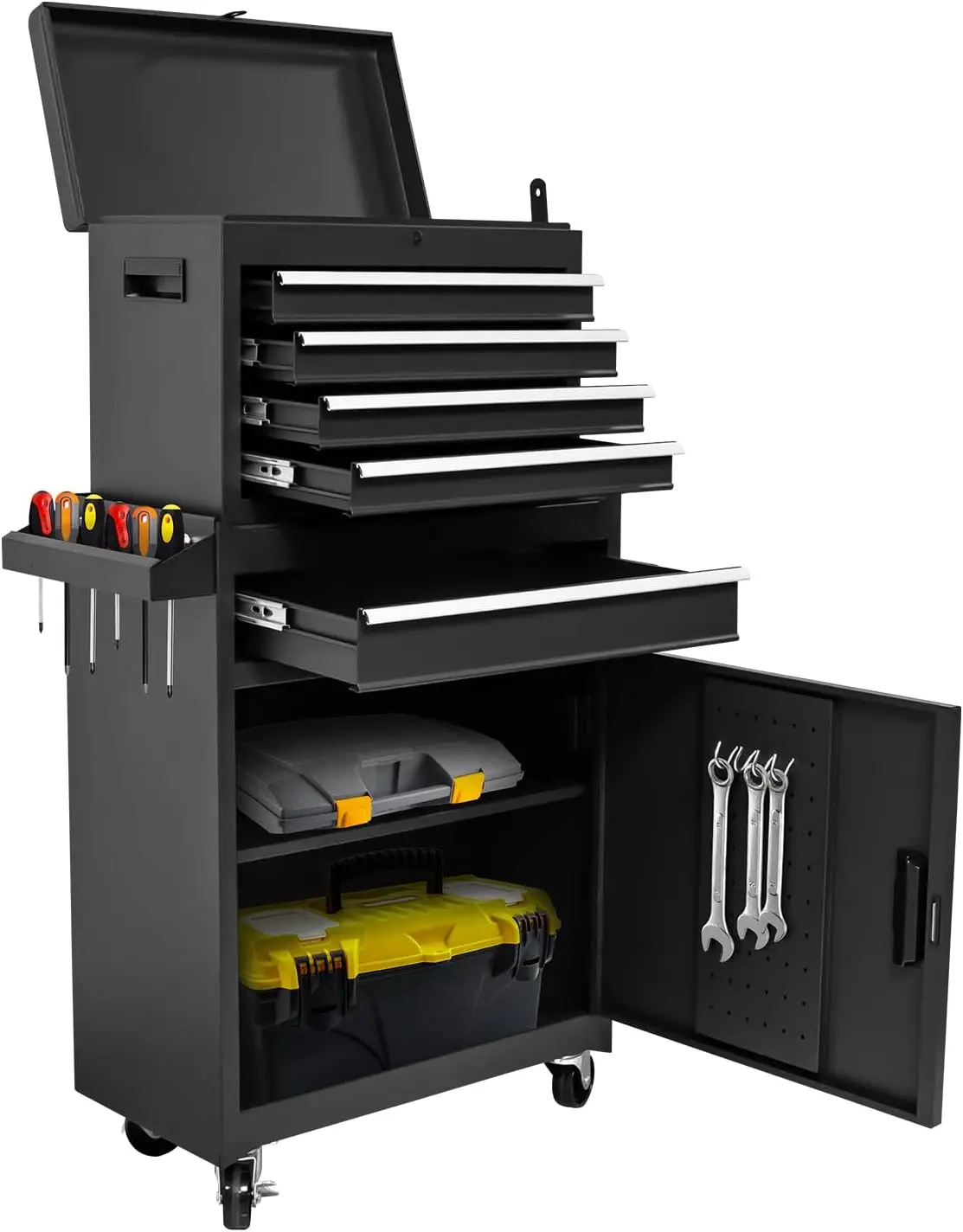 HPDMC 5-Drawer Rolling Tool Chest Adjustable Shelf Lockable Drawers Detachable 2 in 1 Mechanic Tool Box Storage Cabinet