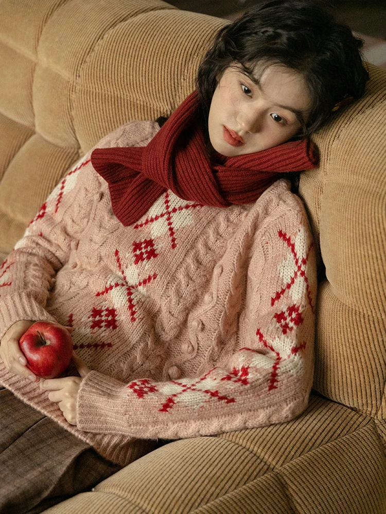 

Nesoulum Women's Pink Fair Isle Knit Sweater Lazy Sle Winter Vintage Cisas New Year Loose Fit Long Sve Warm Top