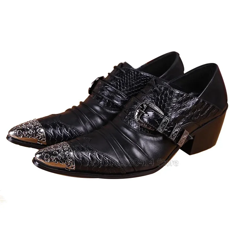 Black Fish Scale Buckle Metal Pointed Toe Men Shoes Fashion Slip On Men Casual Shoes Luxury Handmade Party Feast Men Dress Shoes