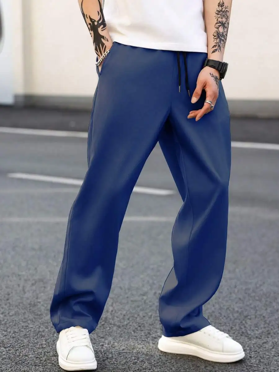 

Mens Solid Blue Drawstring Waist Loose Straight Leg Casual Pants