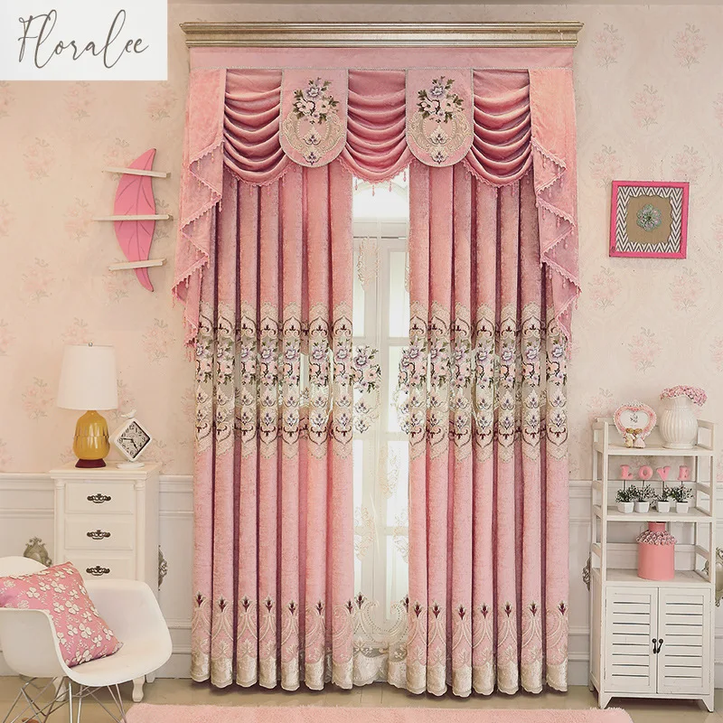 

Flower Clusters Chenille Embroidered Pink Flower Clusters European Style Curtains Living Room Bedroom Curtain Head Villa Home