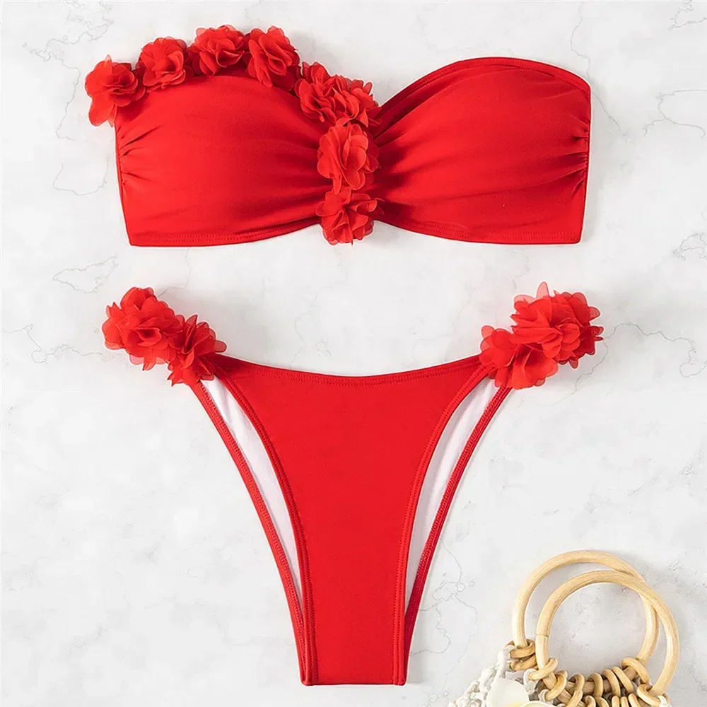 Red Mesh Blume Bandeau Bikinis Sets Sexy Badeanzug Frauen Tanga Bademode Push-Up Badeanzug Strand Tragen Bikini Mujer Biquinis