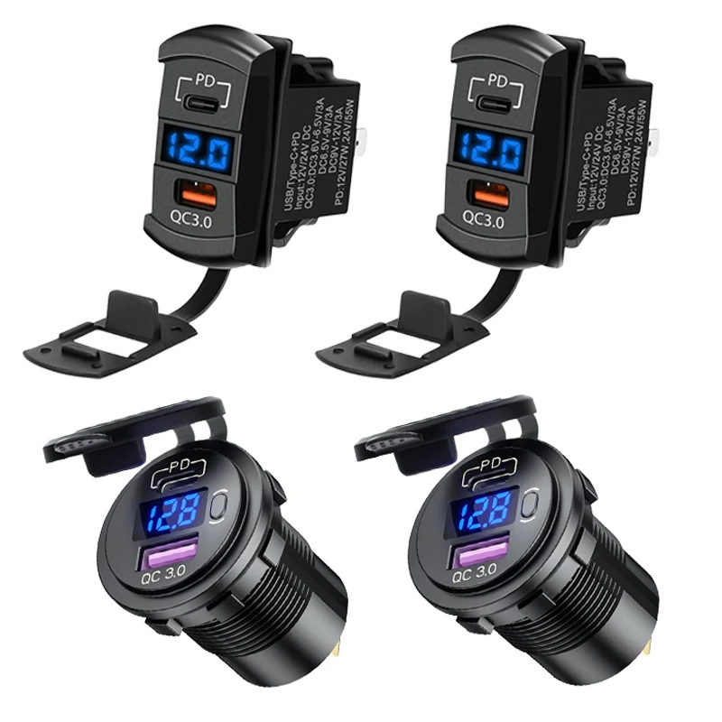 1-2 Pack 48W 12V USB Outlet Type-C PD & QC3.0 Charger Ports with LED Voltmeter Waterproof for Marine Boat Rv Vehicles Motorcycle