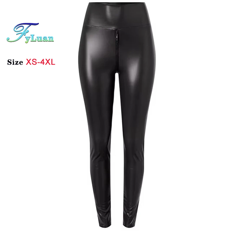 Mattschwarze Damen-Leggings aus PU-Leder mit doppeltem Reißverschluss und hoher Taille, dicke Elastion, schlanke Nachtclub-Leggings, knöchellange Hose