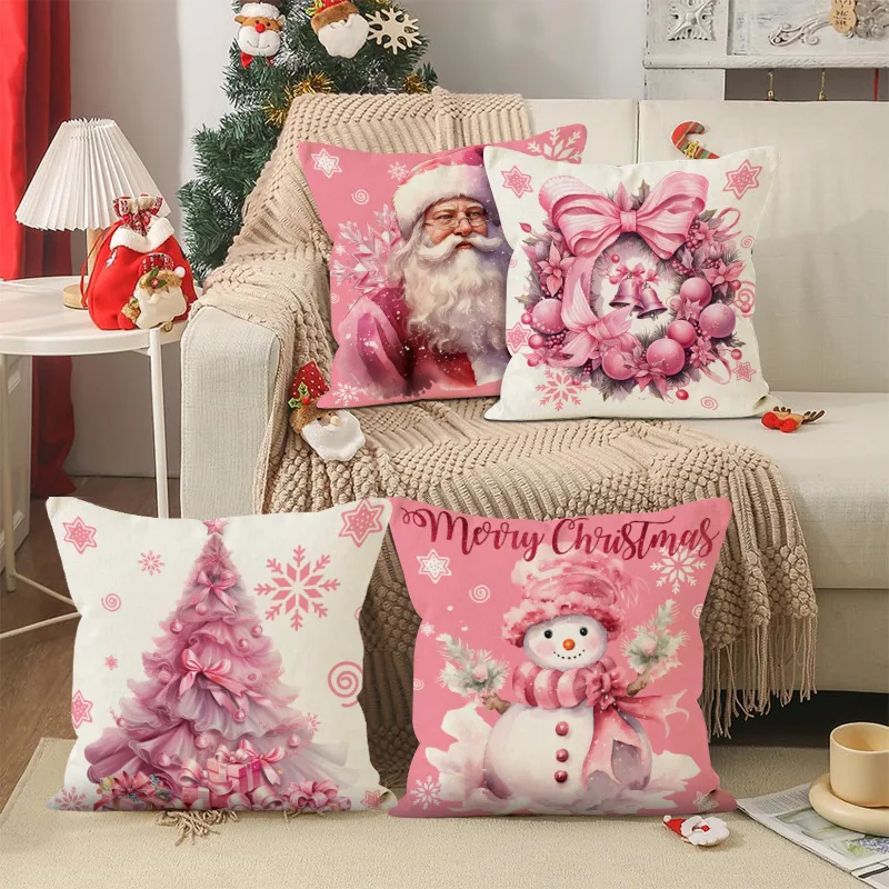 

Christmas Pillow Covers 45x45cm Set Of 4,Pink Candy Cane Xmas Throw Pillow Covers,Snowman Santa Winter Pillow Covers Decor