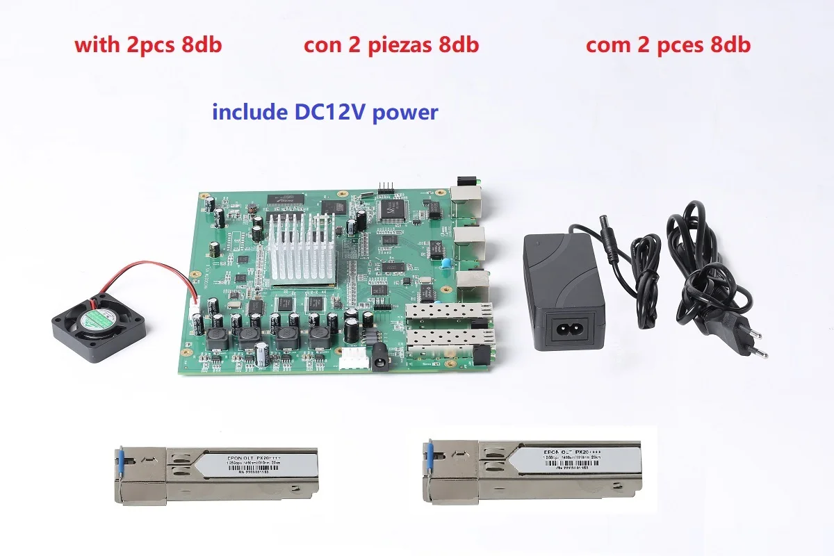 HIOSO 2PORT EPON OLT PCBA WITH DC12V POWER ADAPTOR WITHOUT CASE