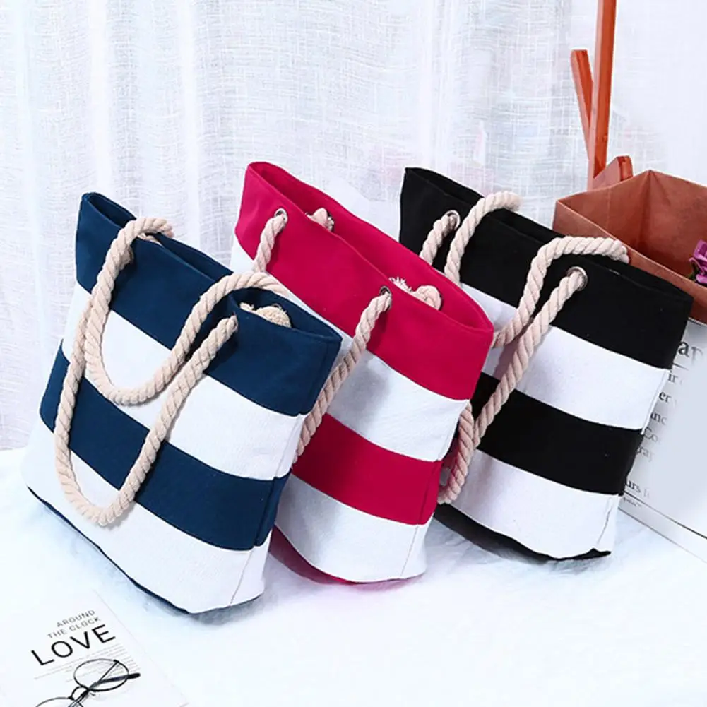 

Women's Canvas Handbag Big Striped Shopping Bag Lagre Capacity Female Casual Hit Color Shoulder Bag Beach Tote Bags Daily Bag