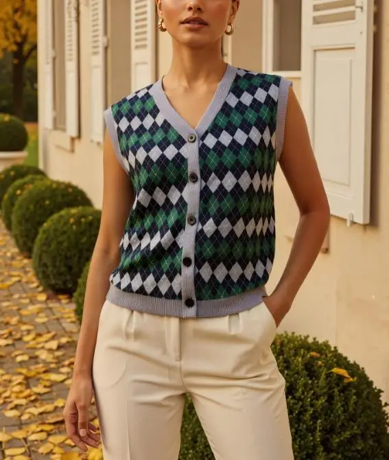 

Women's Retro Jacquard V-Neck Knitted Vest 2026 Spring Loose Versatile Sweater Tank Top Spring New