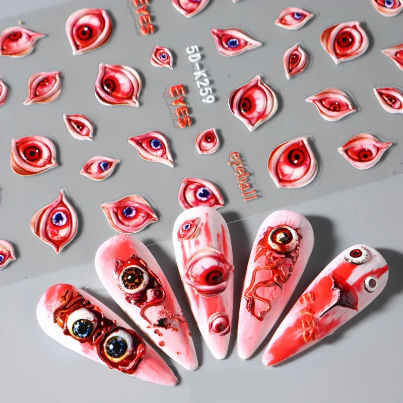 5D Halloween Blood Eye Bones Nail Art Stickers Embossed Horror Eyeball Skull Self-Adhesive Decals Halloween Decoration Manicure