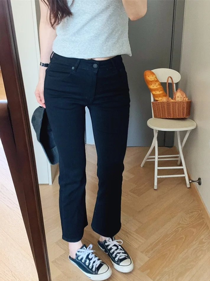 

Джинсы с высокой талией, утягивающие, расклешенные, длиной 7/8, для невысоких, из эластичной ткани, суперстрейч, повседневные, прямые, с высокой талией