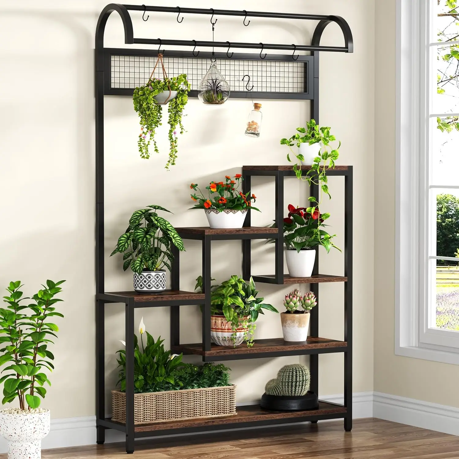 Tall Indoor Plant Stand, 5Tier Large Metal Plant Shelf w/ 10PC S Hanging Hooks, 70.9