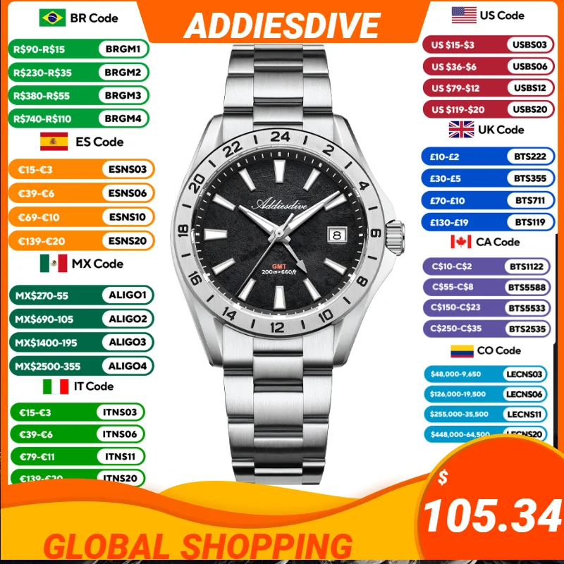 ADDIESDIVE Luxus-Herrenuhr Wasserdichte GMT-Uhren Edelstahl AD2548 Reloj Hombre Super Leuchtende Herren-Quarz-Armbanduhr