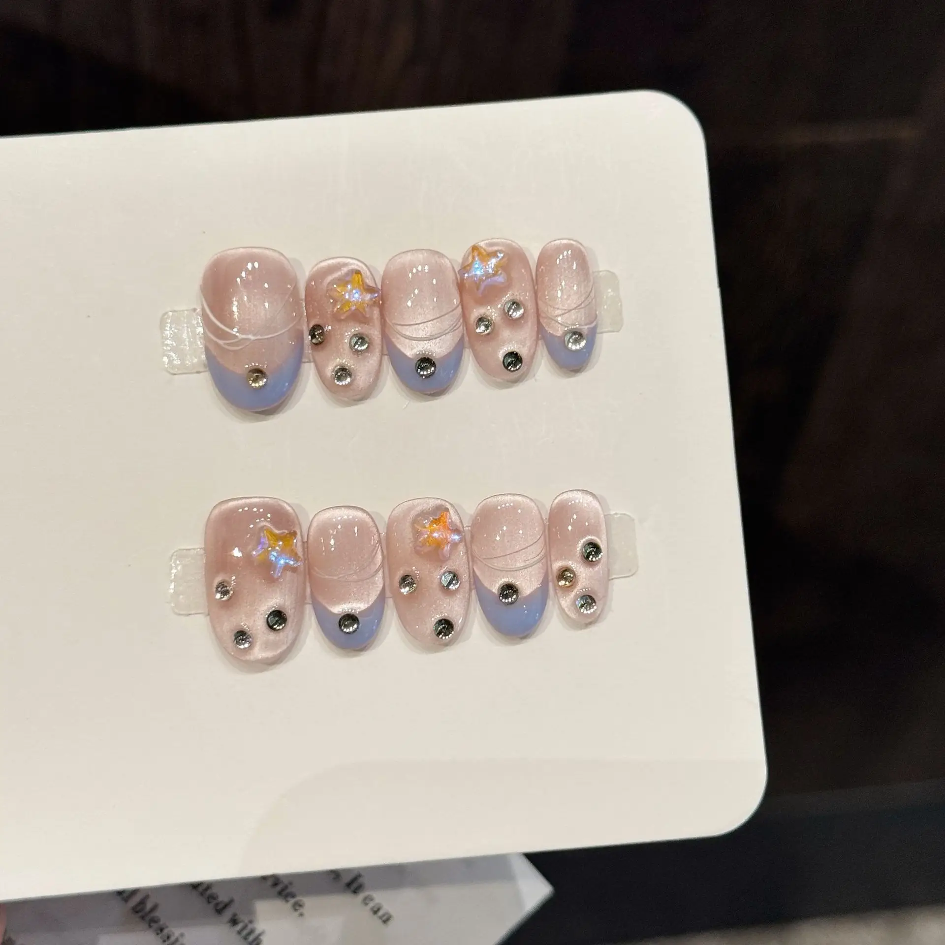 

10pcs Handmade Short Oval Press On Nails Pink Cat Eye Blue French Rhinestone Design Sweet Cute Fake Nails Wearable Nails Art Tip