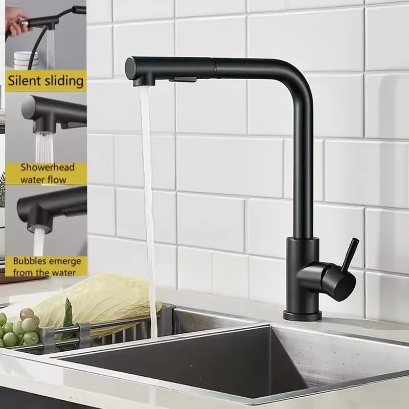 

Модернизированный черный, серебристый, выдвижной кухонный смеситель с двойным распылением, поворотный кран из нержавеющей стали для горячей и холодной воды с поворотным изливом